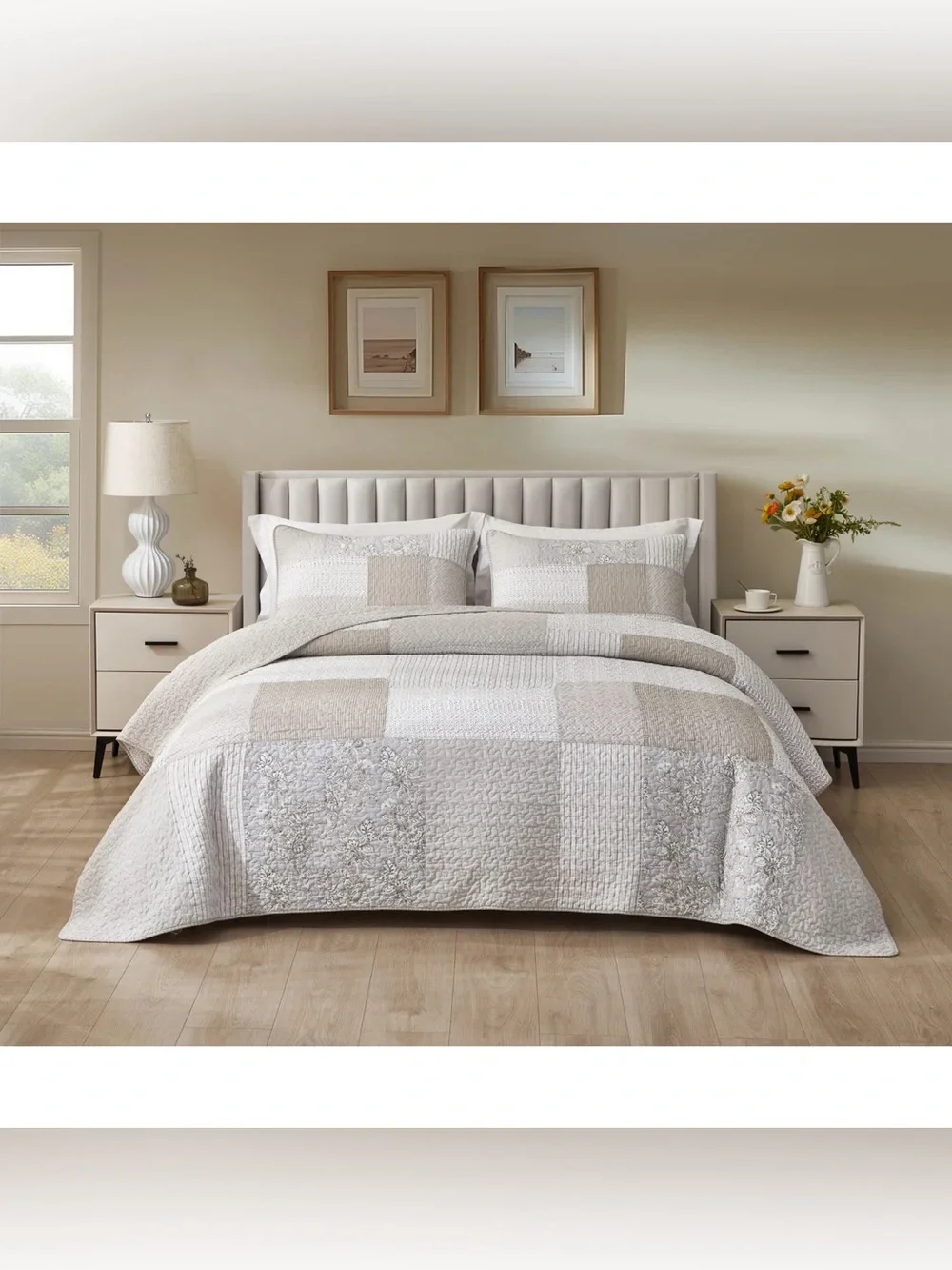 Neutral Patchwork Quilted Comforter Set - Home Bedding